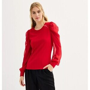 Women's Nine west long sleeves red blouse neck top scoop puff crewneck Size S